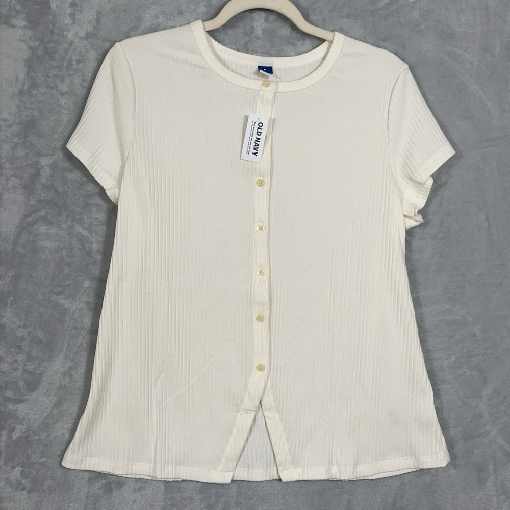 Old Navy Womens XL Top White Ribbed Knit Stretch Button-Up Short Sleeve NWT